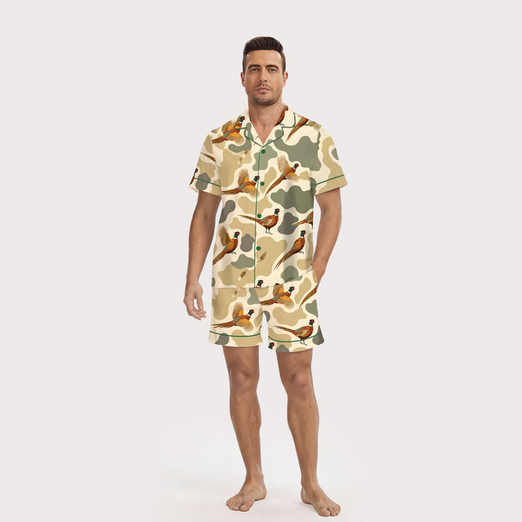 Men's Flying Pheasant Camouflage Short Sleeve Silky Satin Pajama Set front view