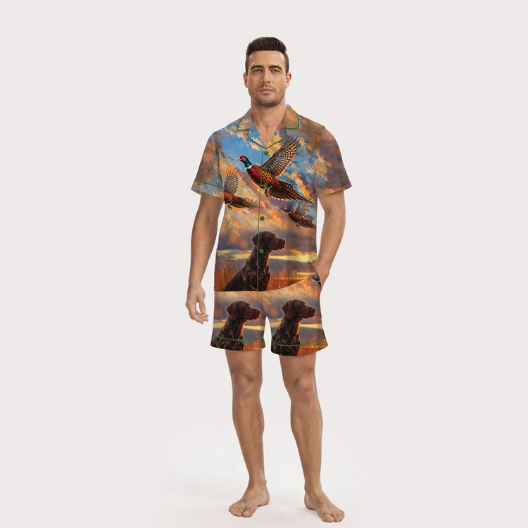 Men's Hunting Dog and Flying Pheasant Sunset Short Sleeve Silky Satin Pajama Set front view