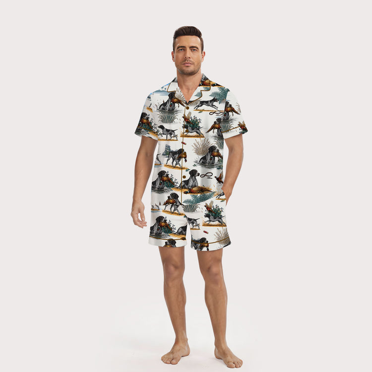 Men's Hunting Dog and Pheasant Short Sleeve Silky Satin Pajama Set front view