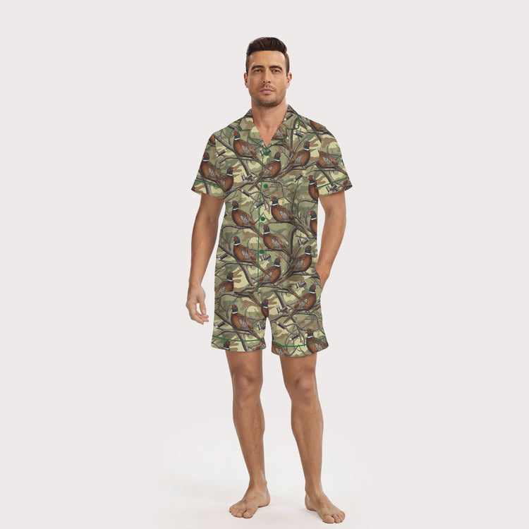 Men's Pheasant Camouflage Short Sleeve Silky Satin Pajama Set front view