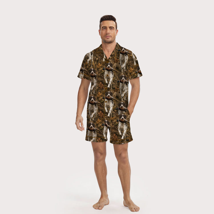 Men's Springer Spaniel Hunting Short Sleeve Silky Satin Pajama Set front view