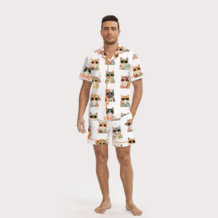 Men's Vacation Cats Sunglasses Short Sleeve Silky Satin Pajama Set front view