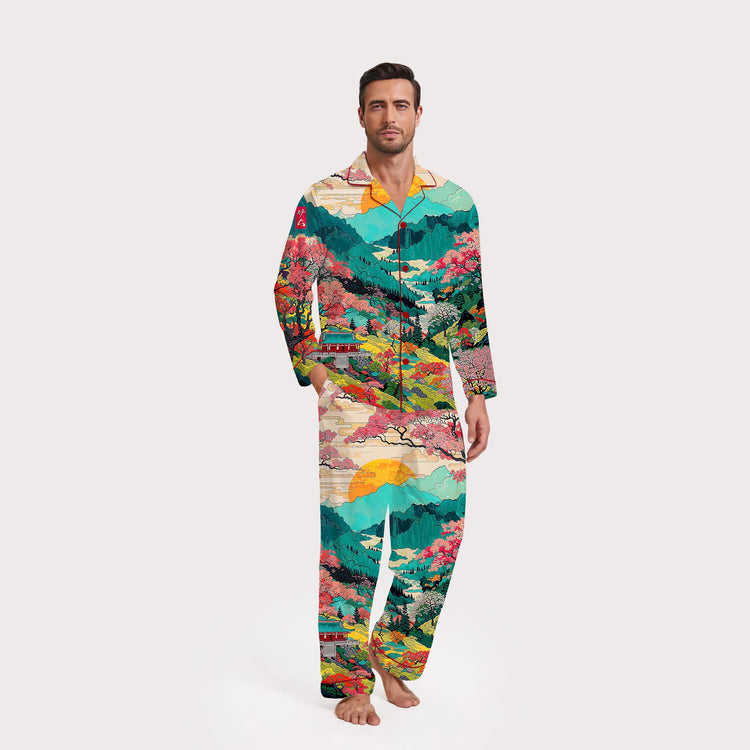 Men's Japanese Cherry Blossom Mountain Long Sleeve Silky Satin Pajama Set front view