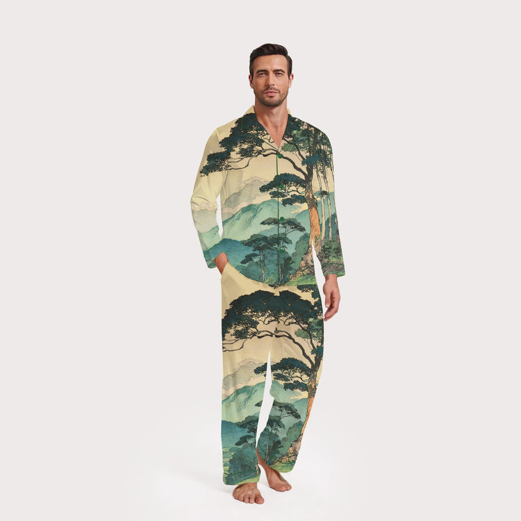 Men's Japanese Pine Mountain Landscape Long Sleeve Silky Satin Pajama Set front view