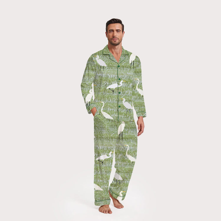 Men's White Crane Reed Print Long Sleeve Silky Satin Pajama Set front view