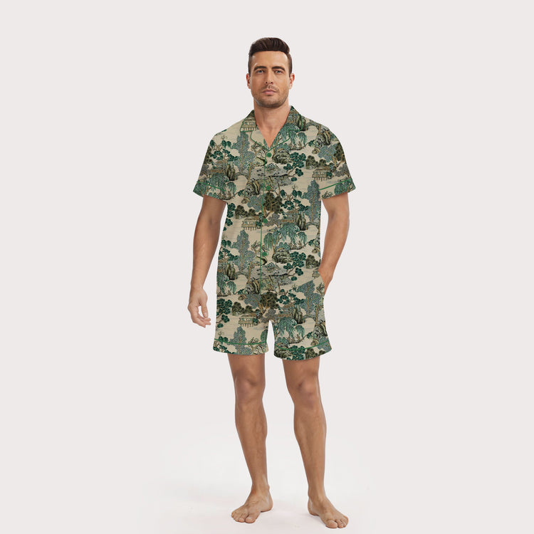 Men's Chinoiserie Garden Landscape Short Sleeve Silky Satin Pajama Set front view