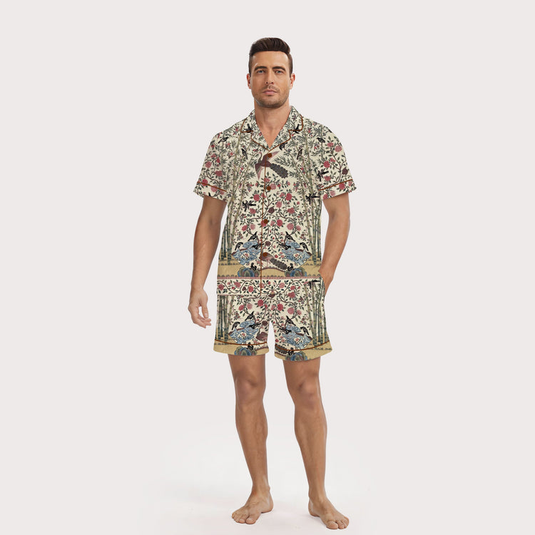 Men's Peacock Floral Bamboo Short Sleeve Silky Satin Pajama Set front view
