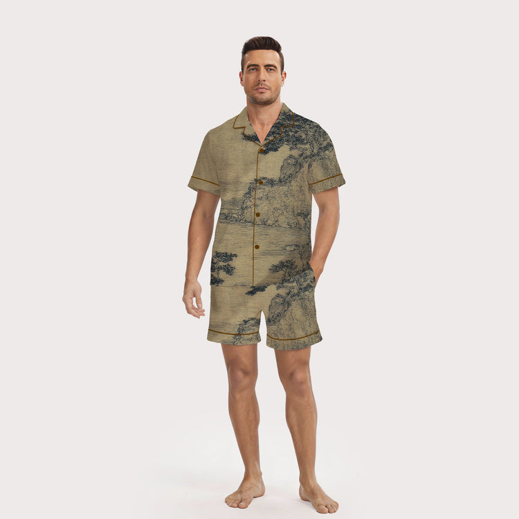 Men's Vintage Ink Mountain Landscape Short Sleeve Silky Satin Pajama Set front view