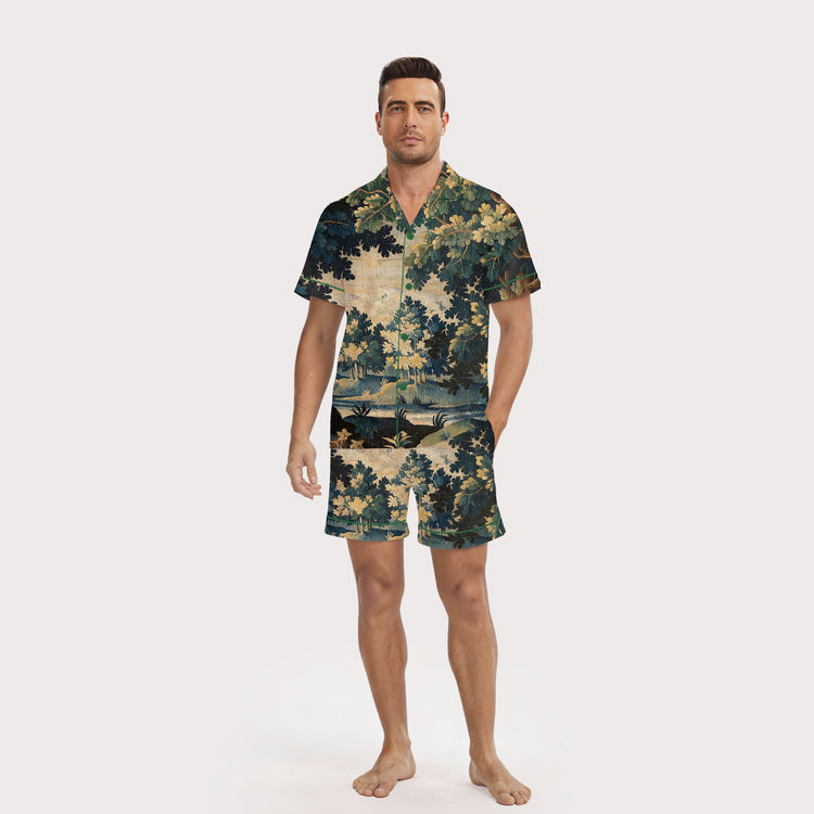 Men's Dark Forest Tapestry Short Sleeve Silky Satin Pajama Set front view