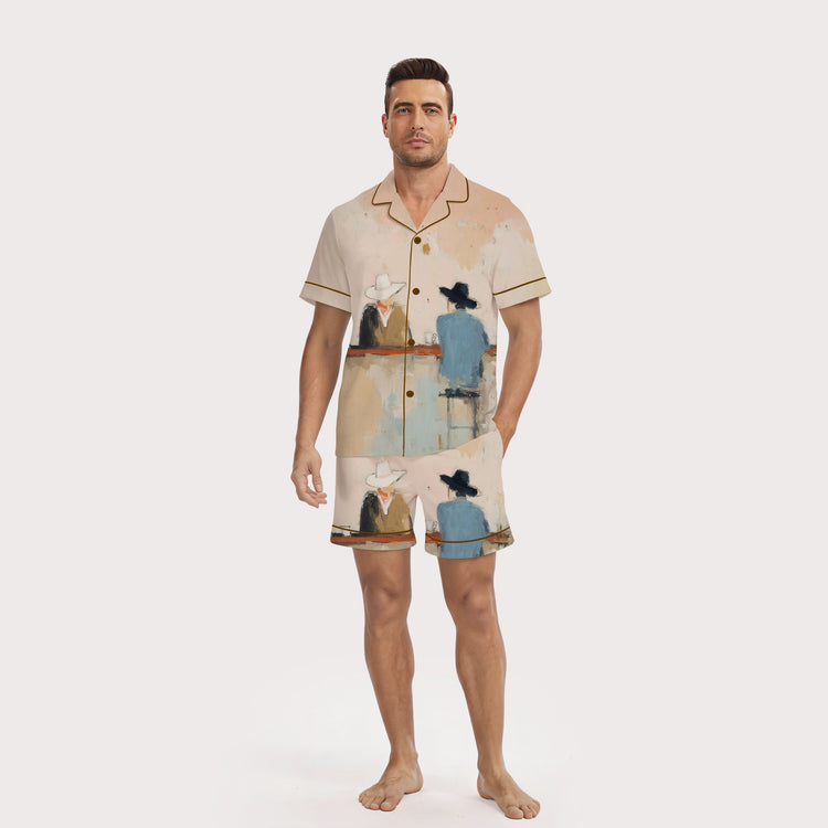 Men's Western Cowboys Bar Scene Short Sleeve Silky Satin Pajama Set front view
