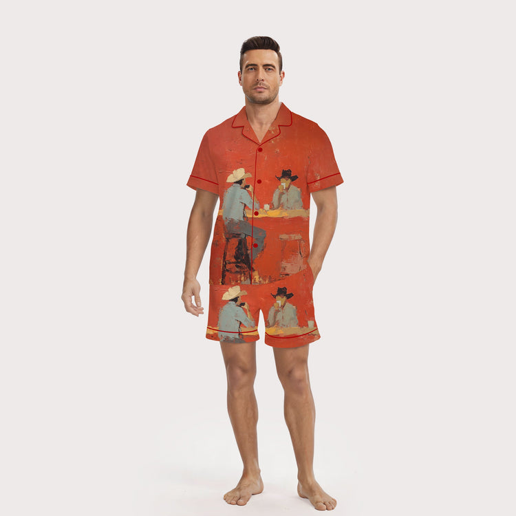 Men's Red Western Cowboys Bar Short Sleeve Silky Satin Pajama Set front view