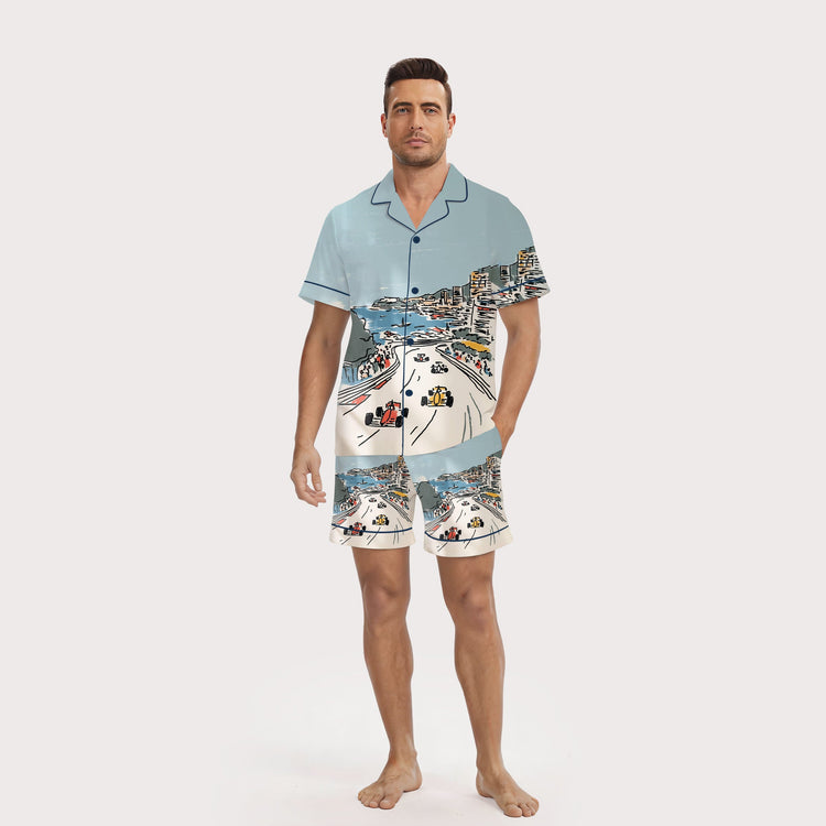 Men's Coastal Grand Prix Race Short Sleeve Silky Satin Pajama Set front view