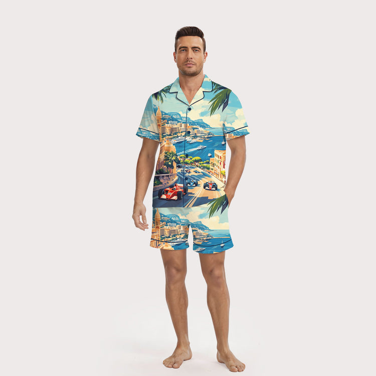 Men's Monaco Grand Prix City Short Sleeve Silky Satin Pajama Set front view