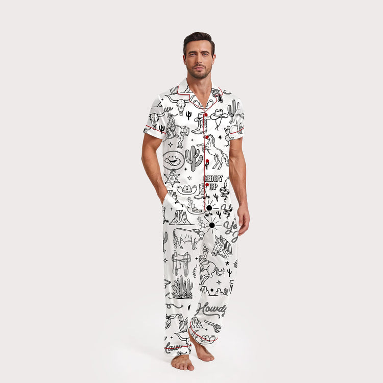 Men's Western Cowboy Horse Short Sleeve Long Pants Silky Satin Pajama Set front view