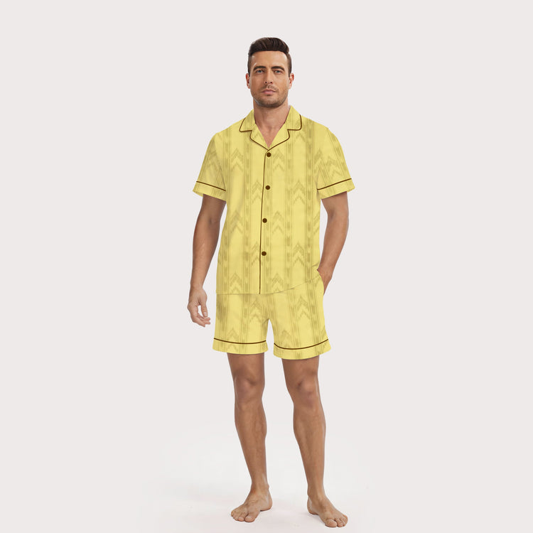 Men's Yellow Ikat Stripe Short Sleeve Silky Satin Pajama Set front view