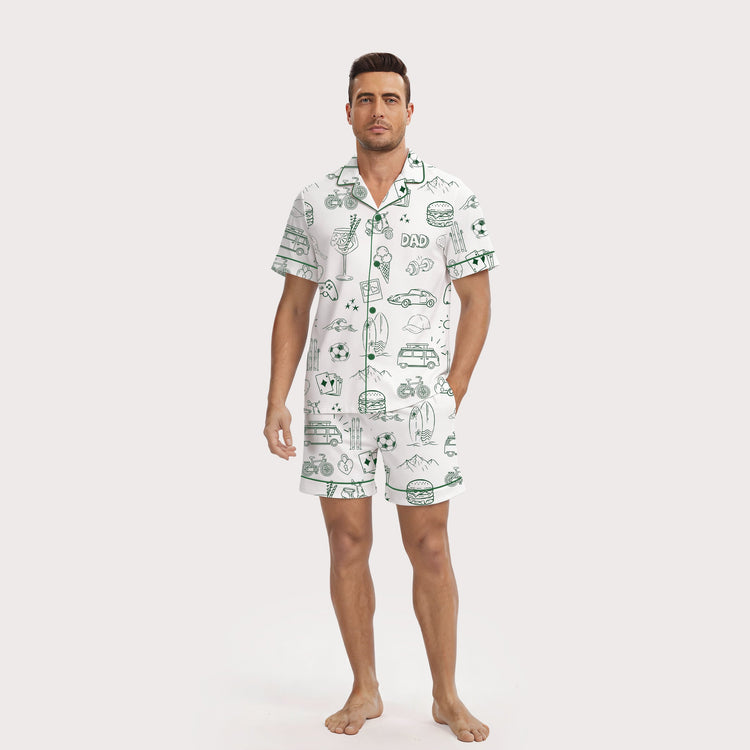 Men's Dad Lifestyle Sports Doodle Short Sleeve Silky Satin Pajama Set front view