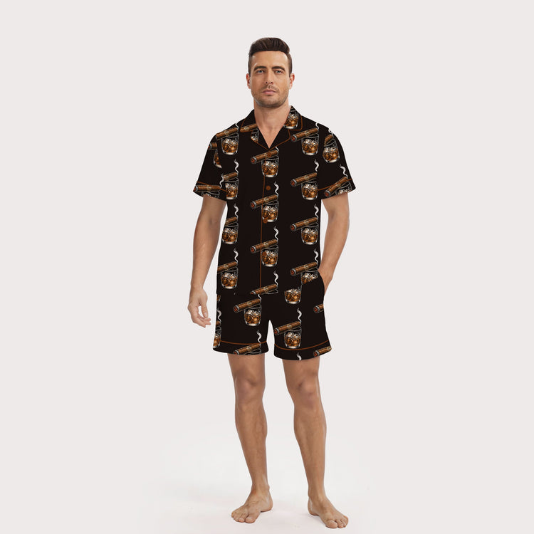 Men's Cigar Whiskey Glass Short Sleeve Silky Satin Pajama Set front view