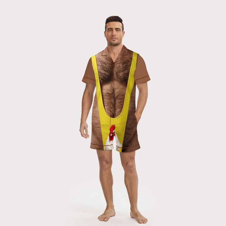 Men's Funny Chicken Sling Hairy Chest Short Sleeve Silky Satin Pajama Set front view