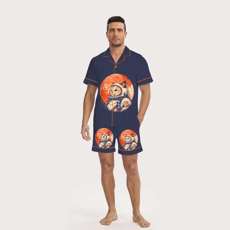 Men's Astronaut Cat Moon Short Sleeve Silky Satin Pajama Set front view