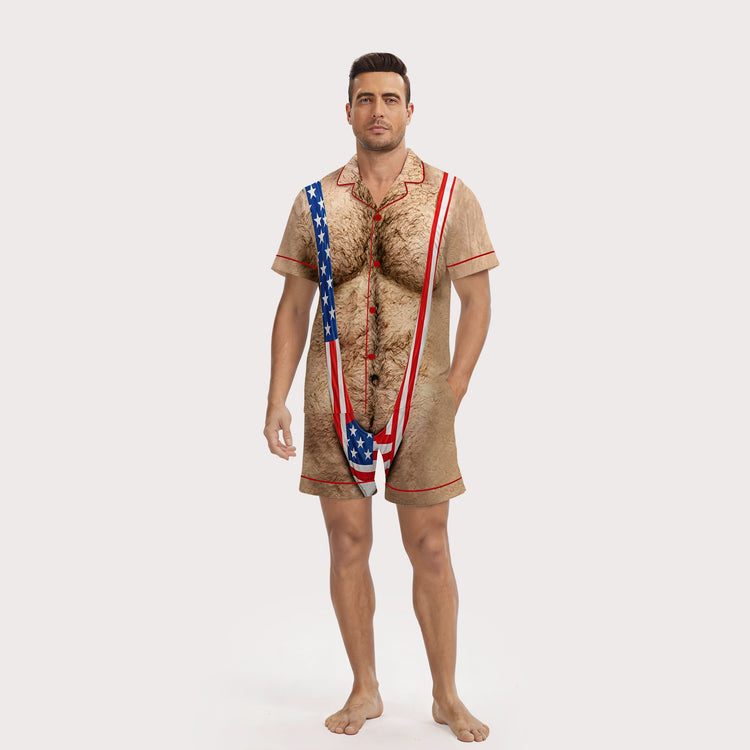 Men's Patriotic USA Flag Hairy Chest Short Sleeve Silky Satin Pajama Set front view