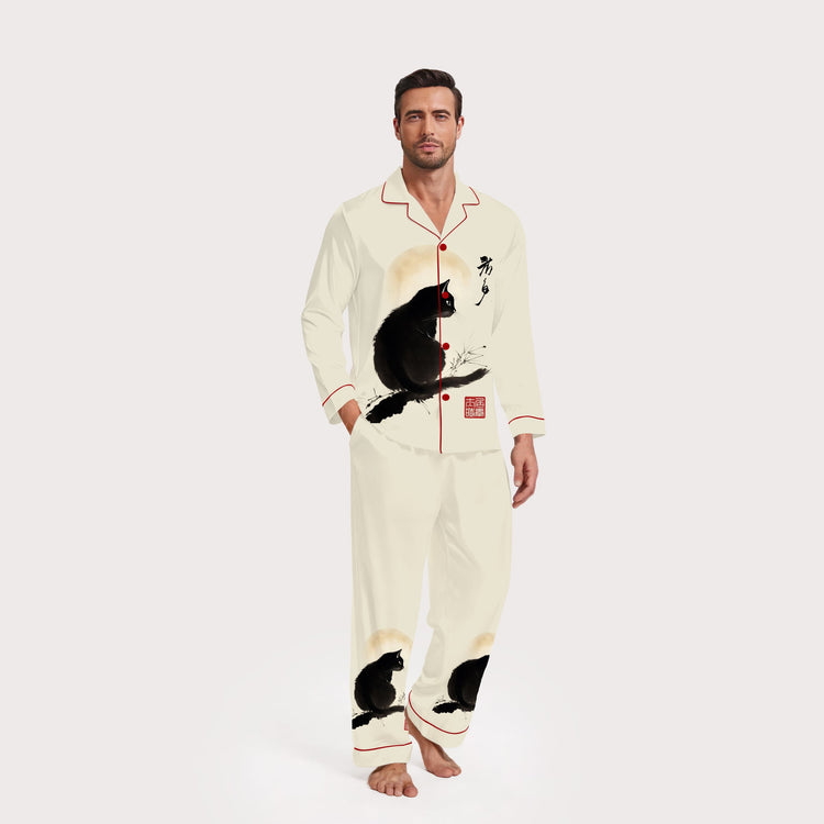 Men's Ink Wash Black Cat Long Sleeve Silky Satin Pajama Set front view