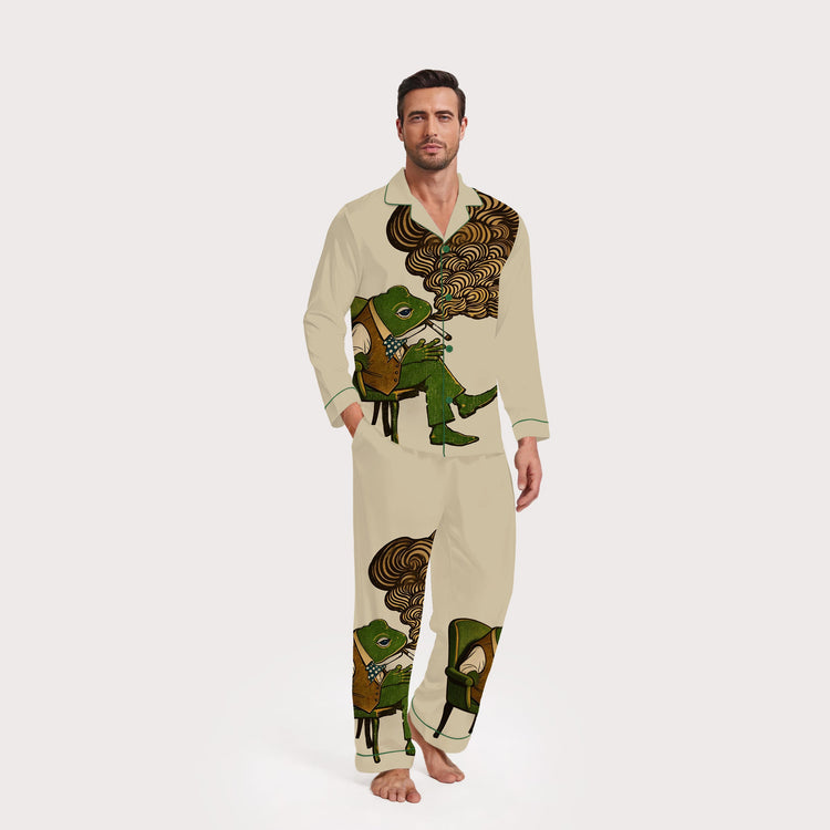 Men's Gentleman Frog Smoking Long Sleeve Silky Satin Pajama Set front view