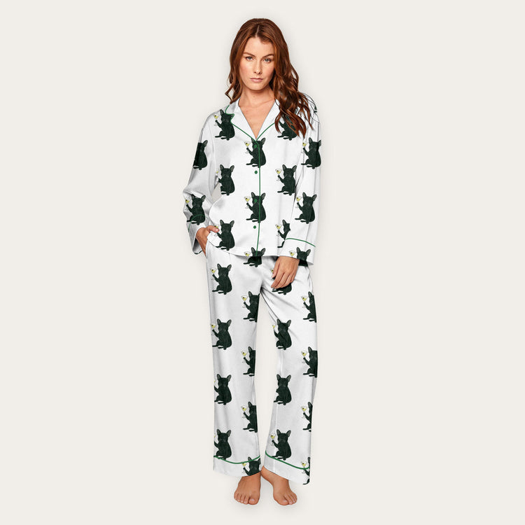 Women's Black Cat Martini Long Sleeve Silky Satin Pajama Set front view