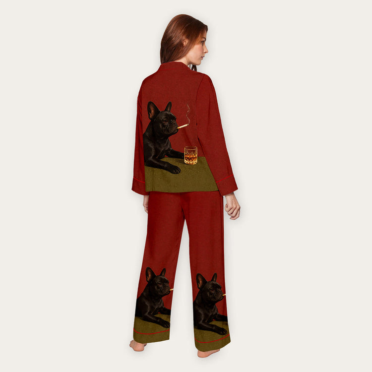 
                    
                      Women's French Bulldog Cigar Whiskey Long Sleeve Silky Satin Pajama Set alternate view
                    
                  