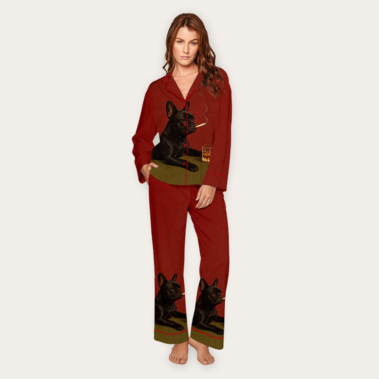 Women's French Bulldog Cigar Whiskey Long Sleeve Silky Satin Pajama Set front view