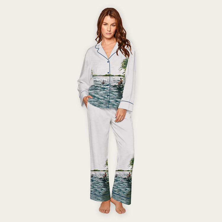 Women's Lakeside Swimmers Long Sleeve Silky Satin Pajama Set front view