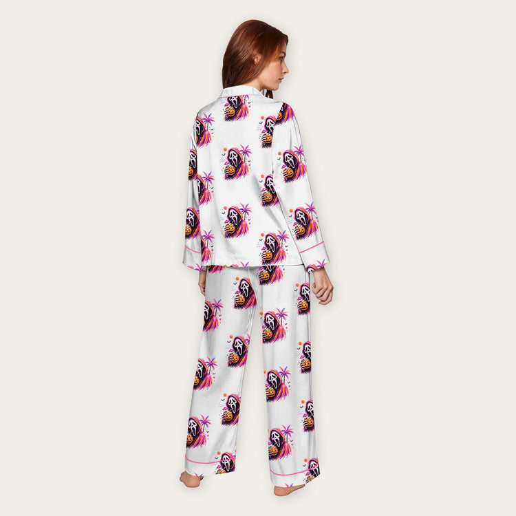
                    
                      Women's Halloween Scream Mask Long Sleeve Silky Satin Pajama Set alternate view
                    
                  
