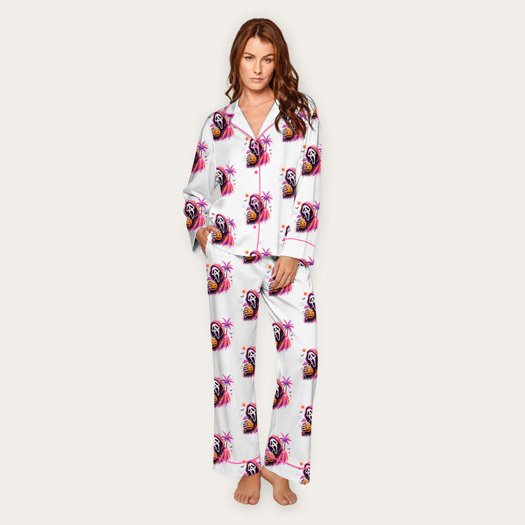 Women's Halloween Scream Mask Long Sleeve Silky Satin Pajama Set front view