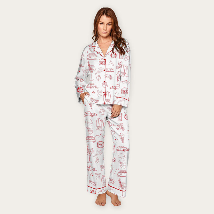 Women's Mom Lifestyle Doodle Long Sleeve Silky Satin Pajama Set front view