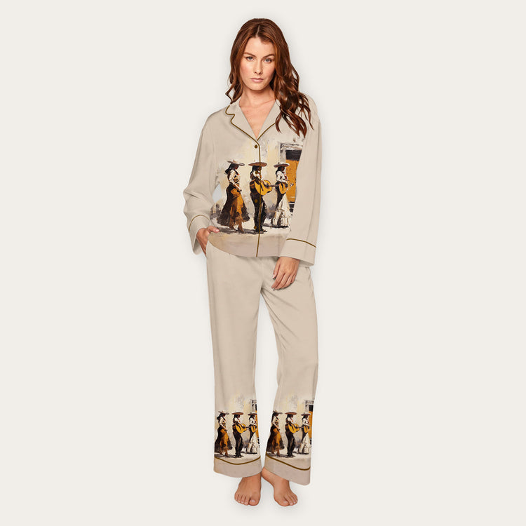 Women's Mariachi Musicians Long Sleeve Silky Satin Pajama Set front view