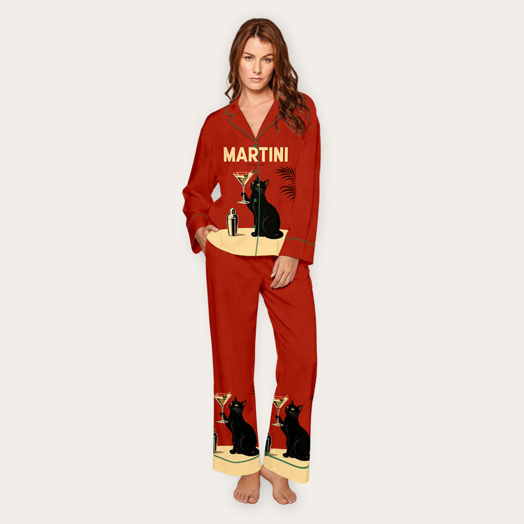 Women's Martini Extra Dry Black Cat Long Sleeve Silky Satin Pajama Set front view