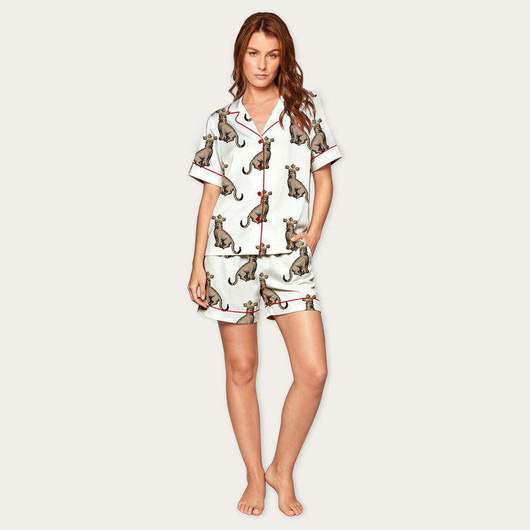 
                    
                      Women's Crown Cat Print Short Sleeve Silky Satin Pajama Set front view
                    
                  