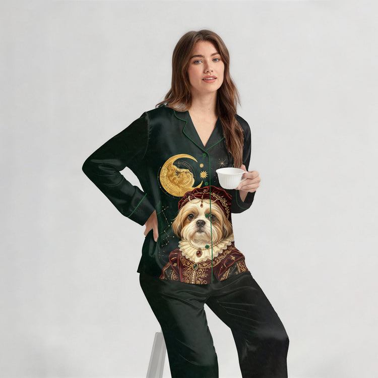 
                    
                      Women's Royal Shih Tzu Celestial Long Sleeve Silky Satin Pajama Set front view
                    
                  